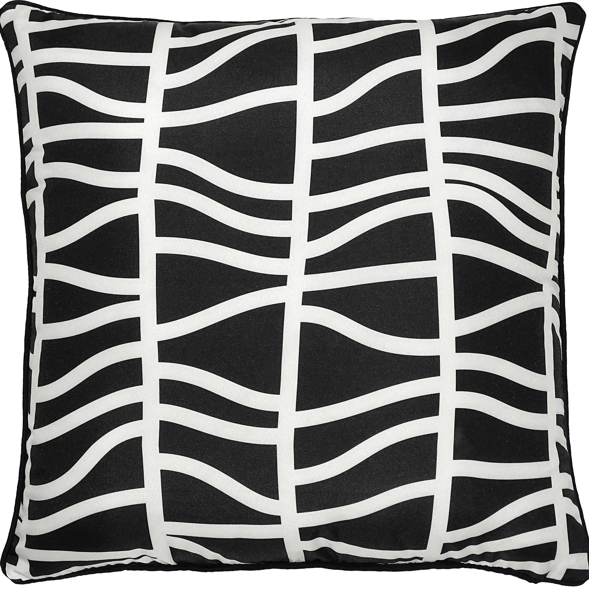 Fieldfare Outdoor Pillow in black and white with a wavy line pattern, square shape.