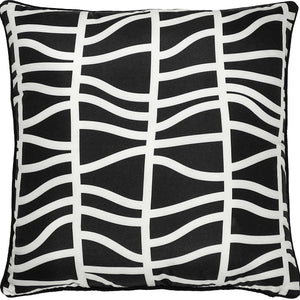 Fieldfare Outdoor Pillow in black and white with a wavy line pattern, square shape.