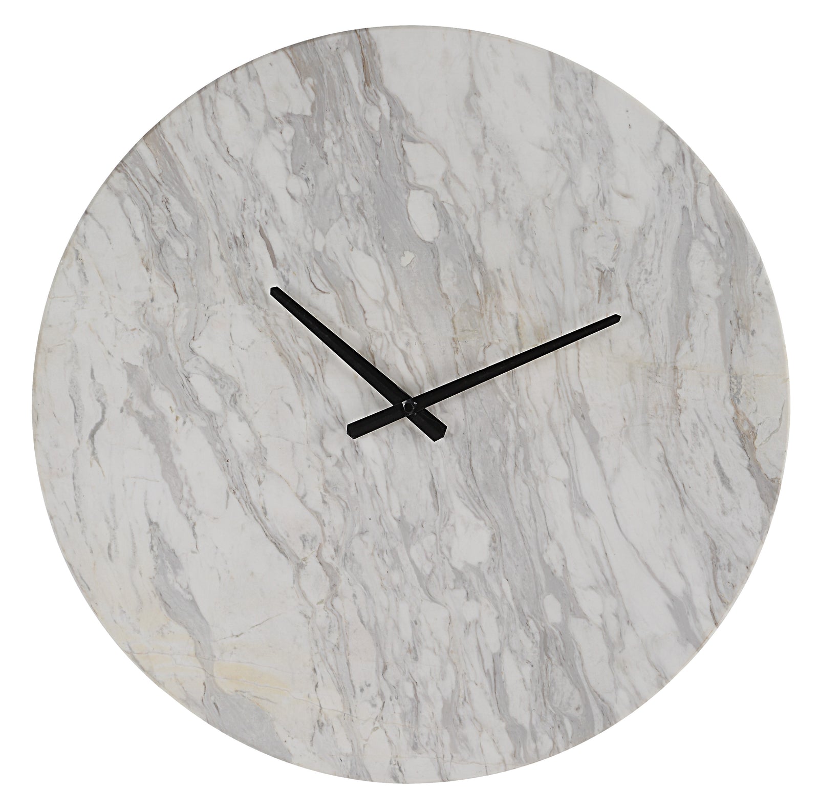 Dayton clock with a round white marble face and black hands