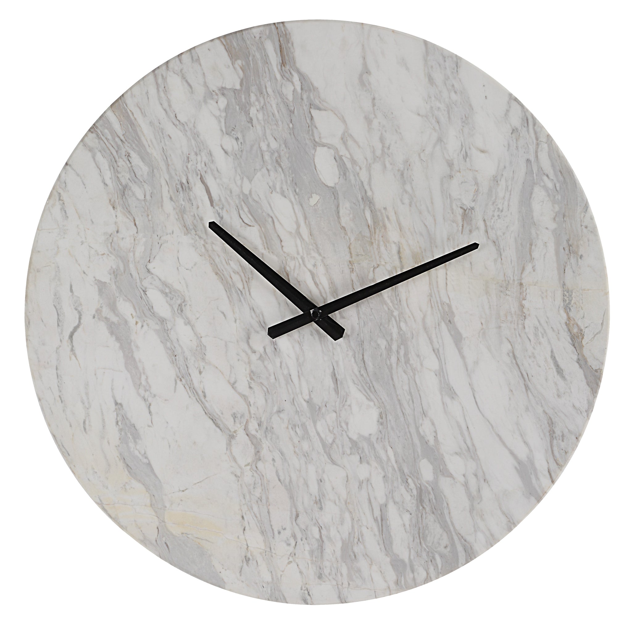 Dayton clock with a round white marble face and black hands