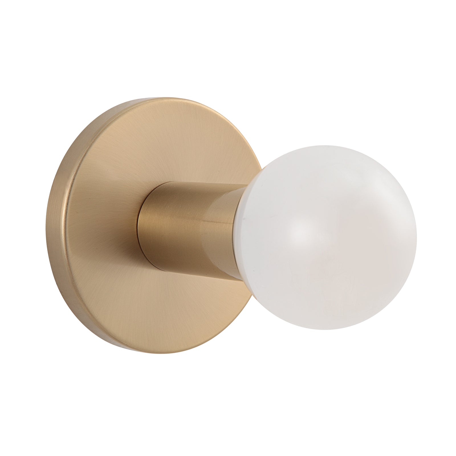 Dania Wall Sconce with a round white glass shade and brushed gold metal trim.