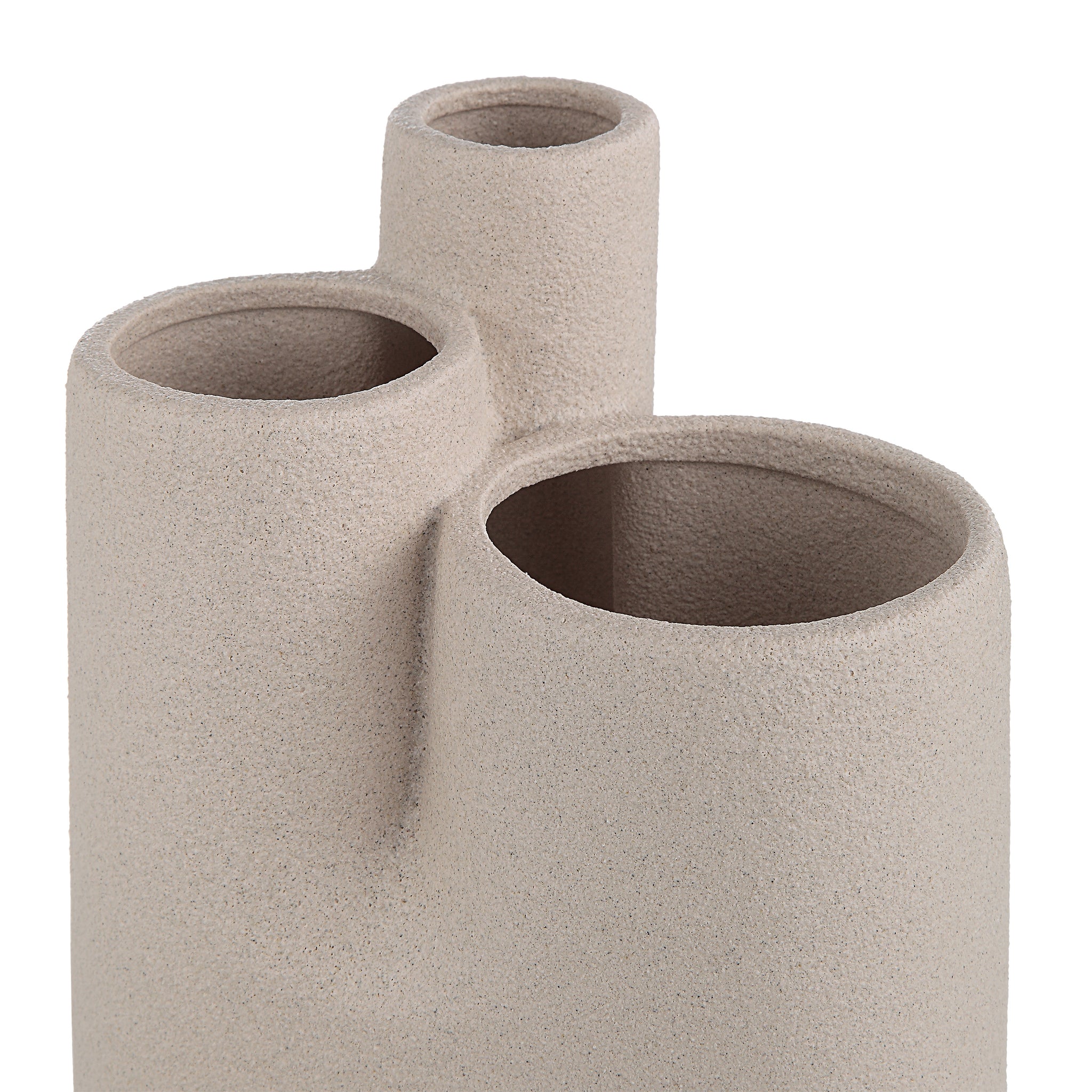 Fontaine Vase by Renwil, close-up of beige ceramic with three openings.