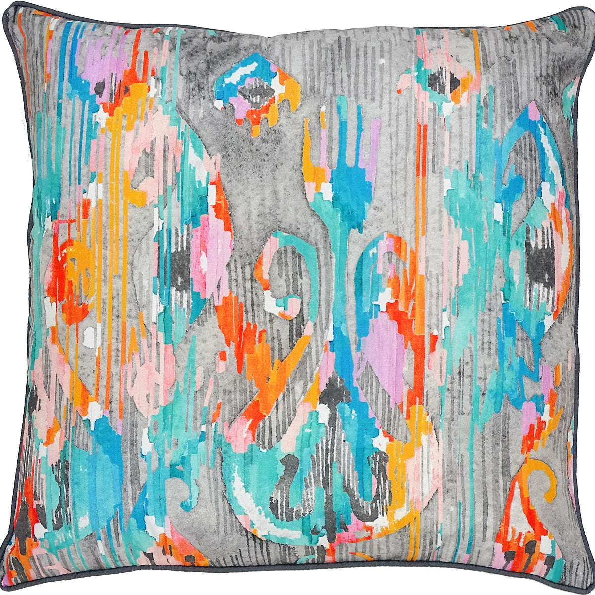 Telcon Outdoor Pillow featuring a colorful abstract pattern with shades of gray, pink, orange, and teal.