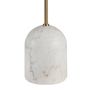 Close-up of Dili table lamp base made of white marble with subtle veining and a metal stem.