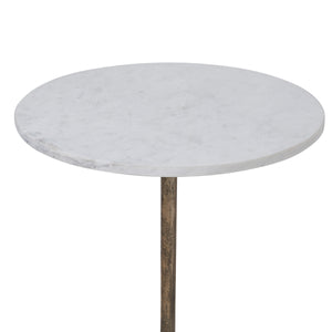 Close-up of the round white marble top of the Canning Side Table.