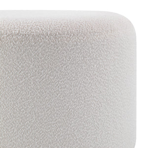 Audrina Ottoman in textured white fabric, round shape, top view