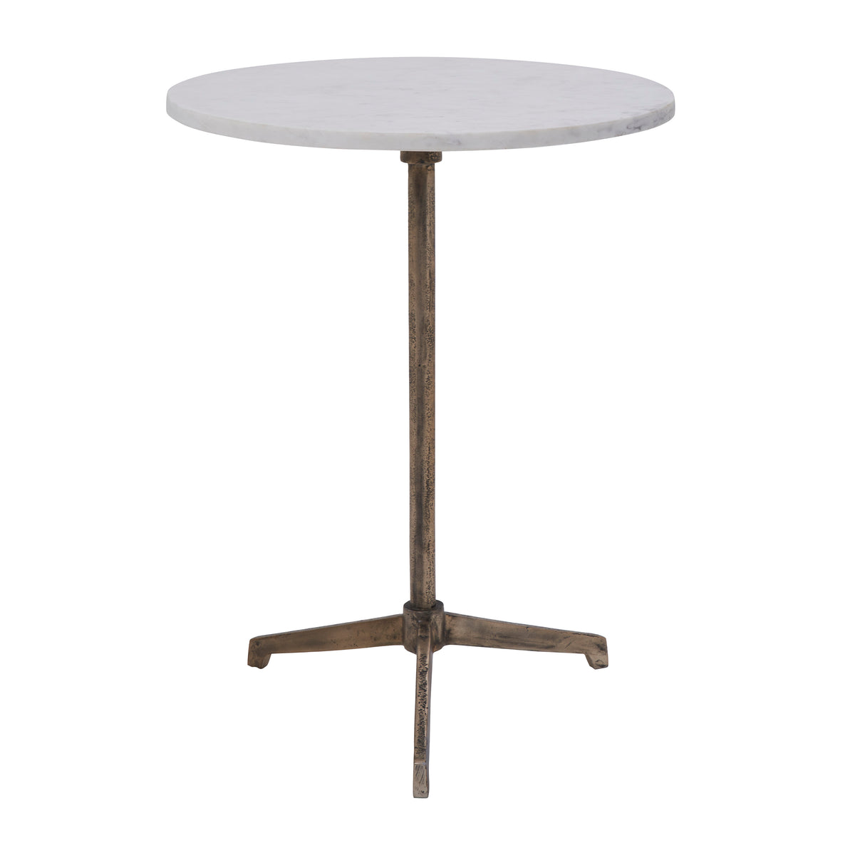 Canning Side Table with a round white marble top and a bronze metal base.