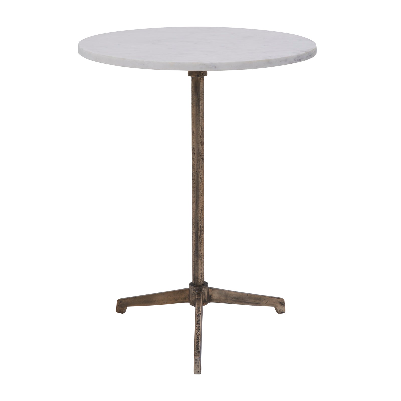 Canning Side Table with a round white marble top and a bronze metal base.