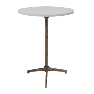 Canning Side Table with a round white marble top and a bronze metal base.