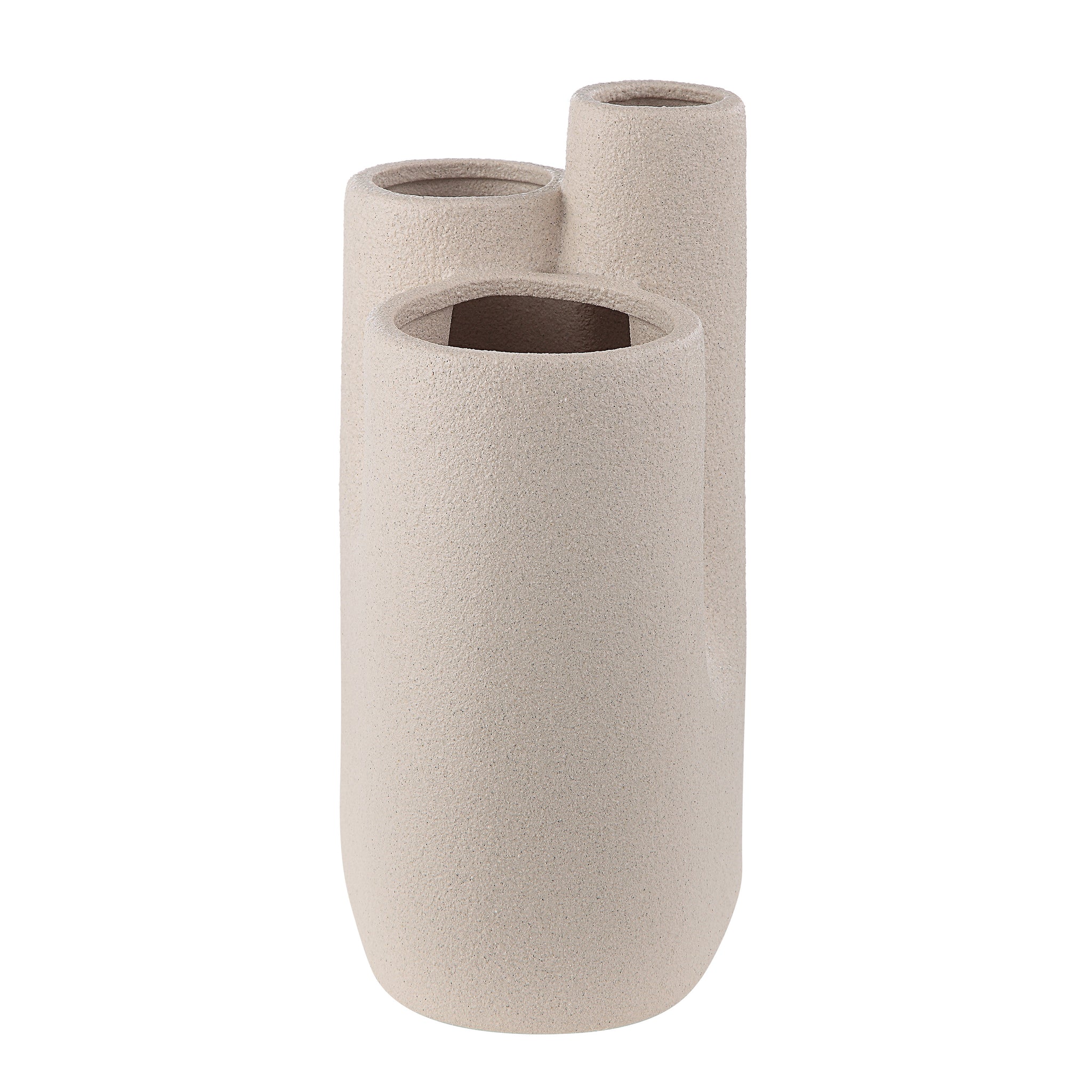 Fontaine Vase by Renwil, beige ceramic with three openings, front view.