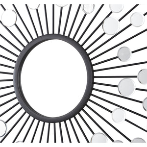 Maryam Wall Mirror showcasing black rays and circular glass accents, detailed view.
