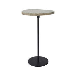 Bethany Side Table with round marble top and black metal base, viewed from the side.