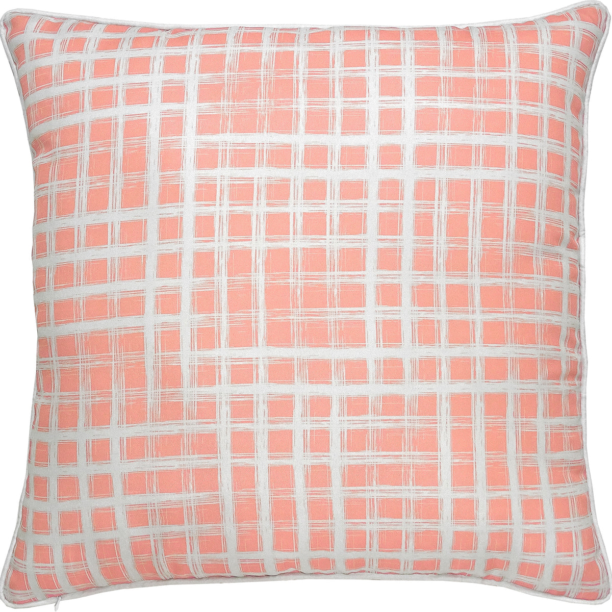 Morane Outdoor Pillow in coral with white grid pattern, soft fabric, square shape.