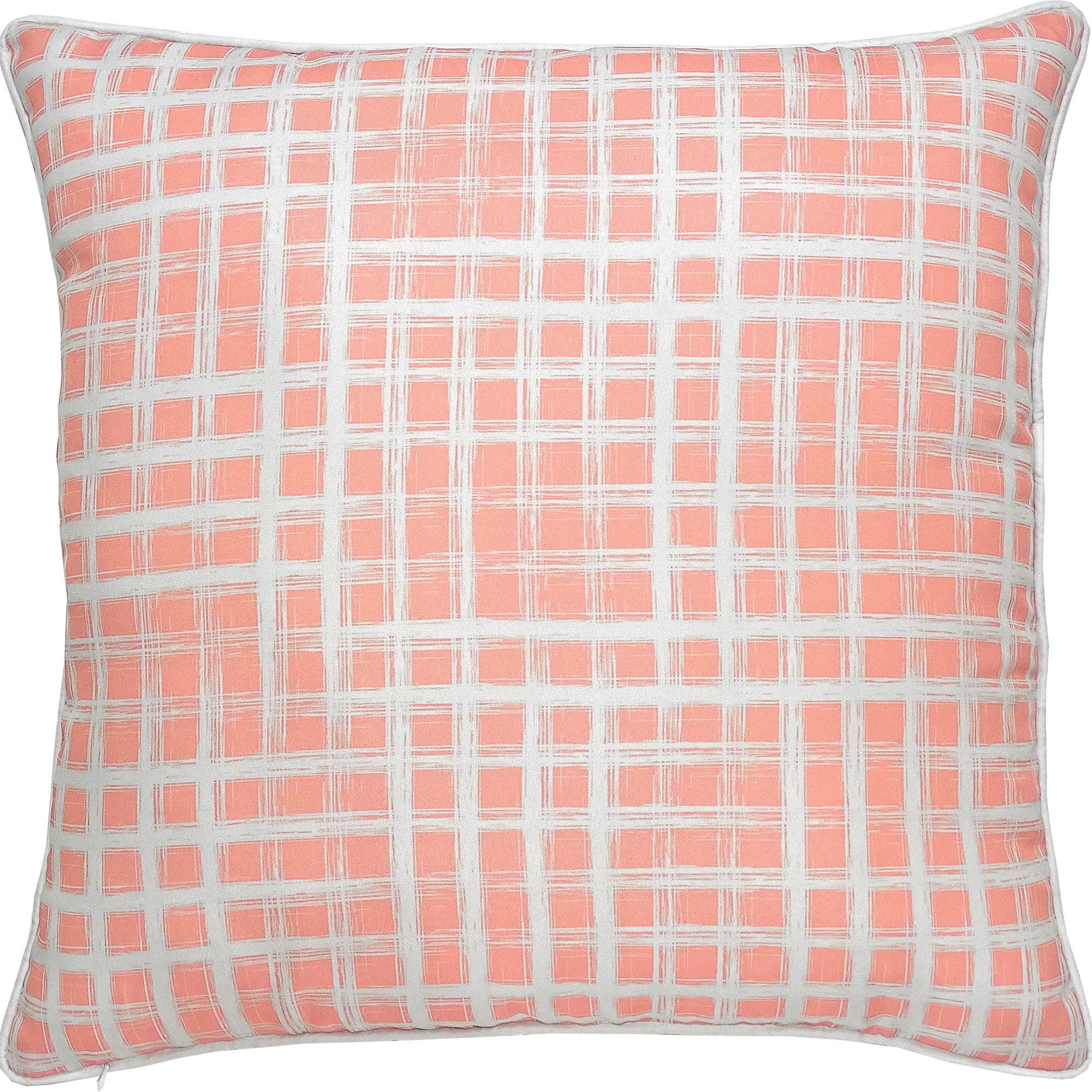 Morane Outdoor Pillow in coral with white grid pattern, soft fabric, square shape.