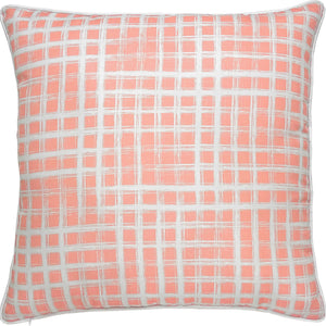 Morane Outdoor Pillow in coral with white grid pattern, soft fabric, square shape.
