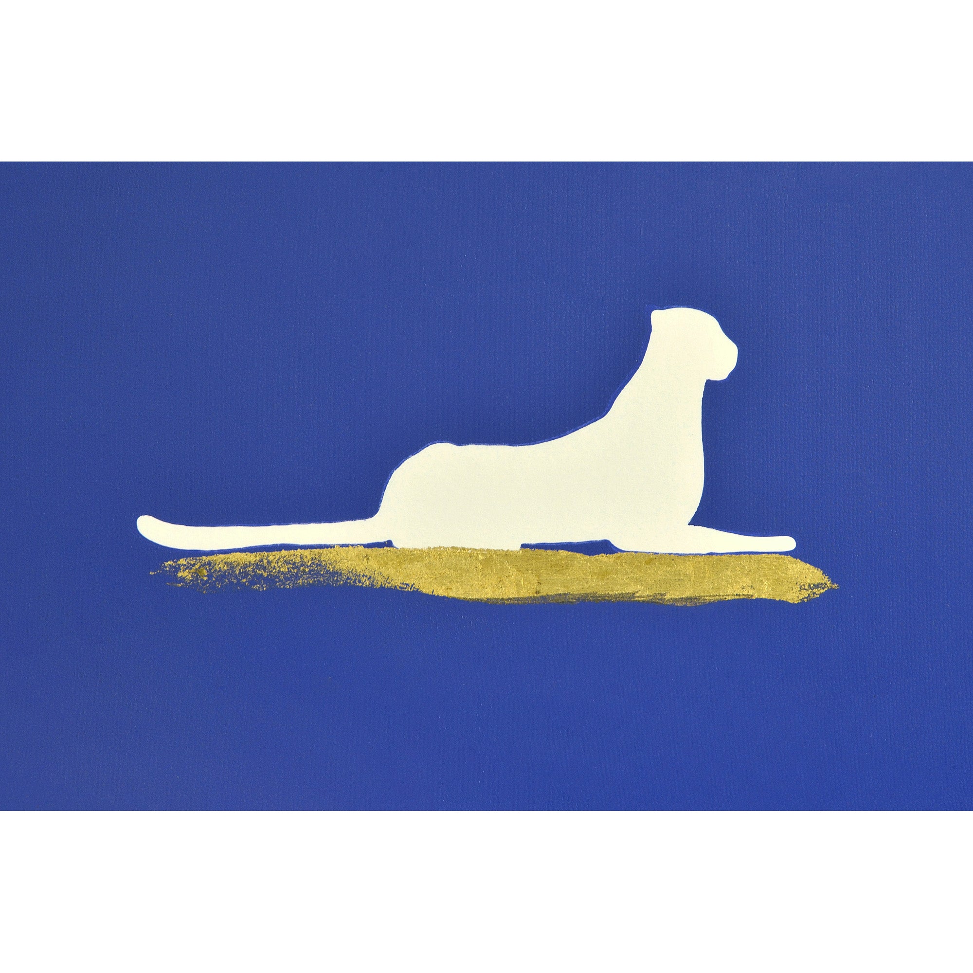 Makalu Wall Art depicting a lying white dog silhouette on a blue background with gold detailing