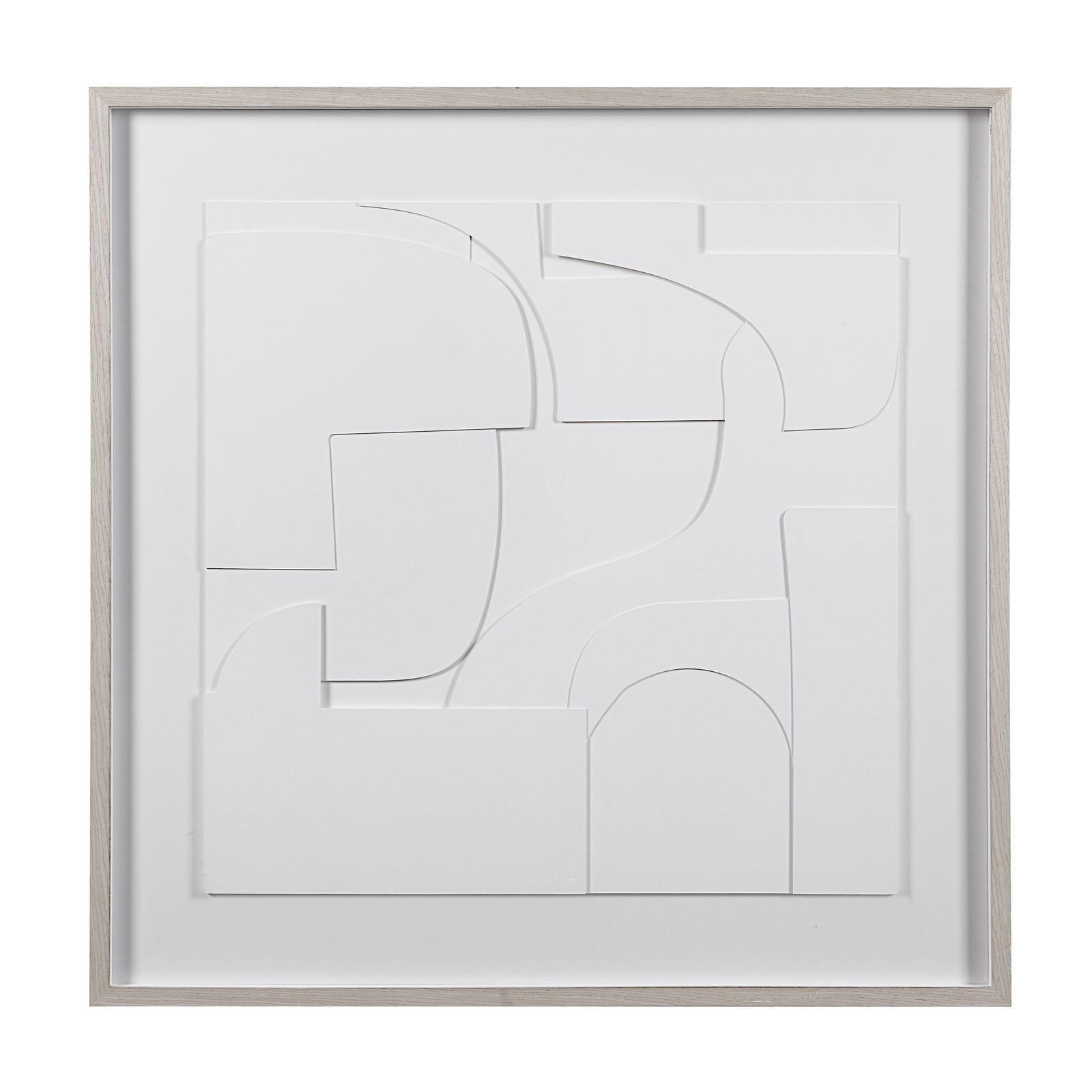 Stardust wall art featuring layered white abstract shapes in a light wood frame.
