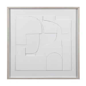 Stardust wall art featuring layered white abstract shapes in a light wood frame.