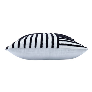 Side view of Stilo indoor pillow displaying its black and white striped pattern.