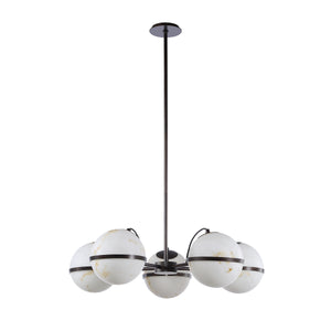 Roca ceiling fixture with five white marble globes and black accents
