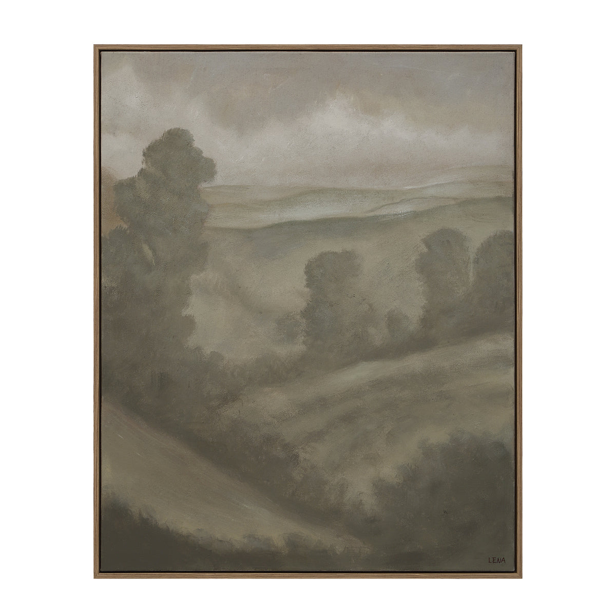 Bruma canvas art featuring a muted landscape with rolling hills and trees in soft gray tones.
