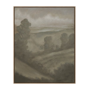 Bruma canvas art featuring a muted landscape with rolling hills and trees in soft gray tones.