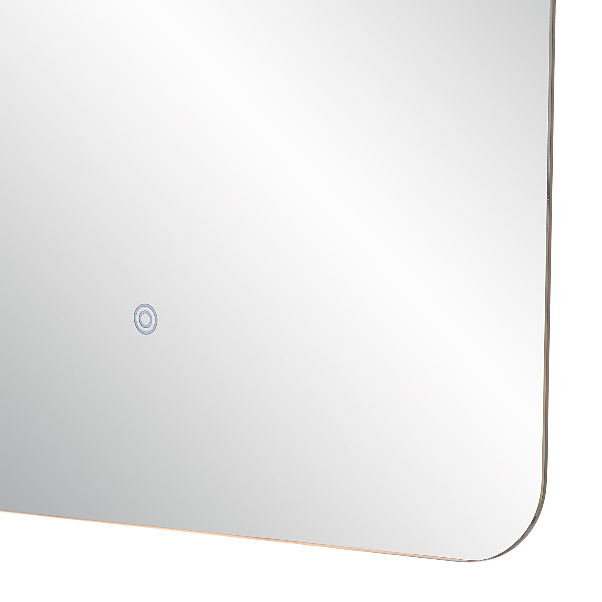 Close-up of the Rimini Led Mirror, highlighting the circular power button.
