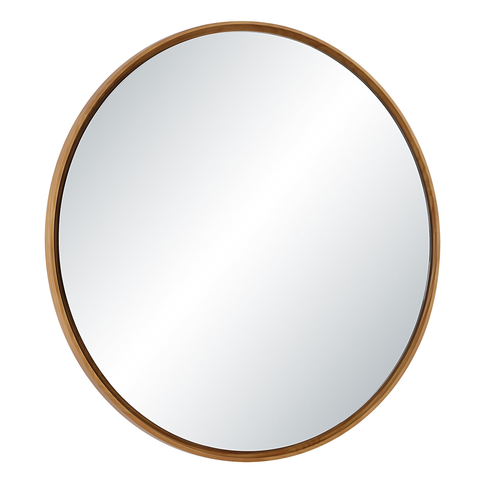 Canna mirror with a round shape and natural wood frame, reflecting light.