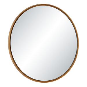 Canna mirror featuring a round design with a warm wood frame, smooth reflective surface.