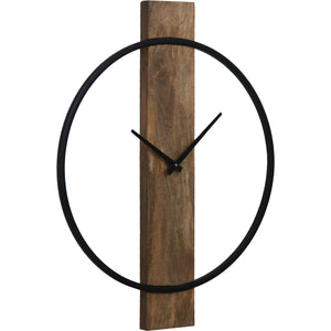 Pearl Clock showcasing a black circular frame, wooden panel, and black clock hands.