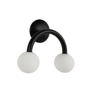 Santo wall sconce featuring two white globes on a black curved arm