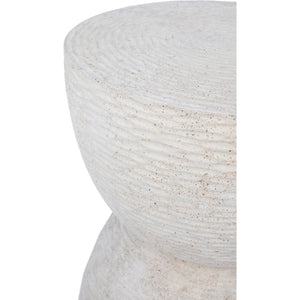 Chayton Side Table close-up highlighting the textured white finish and round top.