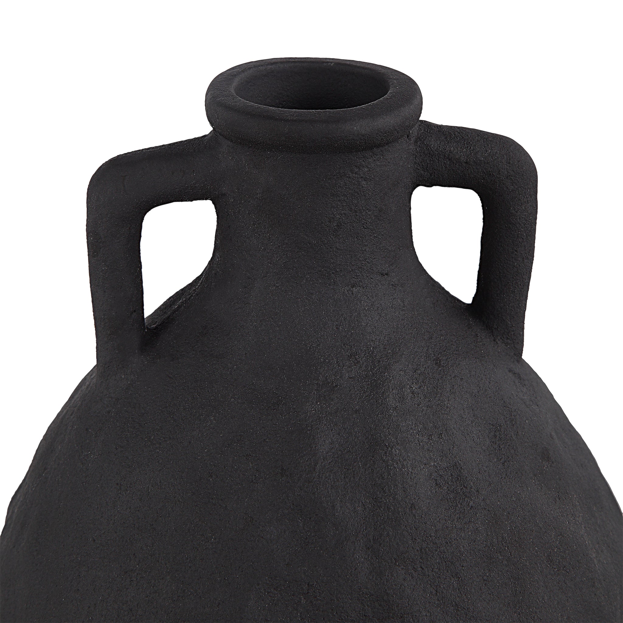 Close-up of Fox Vase by Renwil, showing the top and handles of the black ceramic vase.