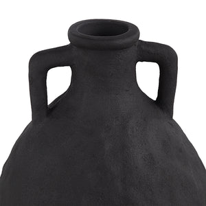 Close-up of Fox Vase by Renwil, showing the top and handles of the black ceramic vase.