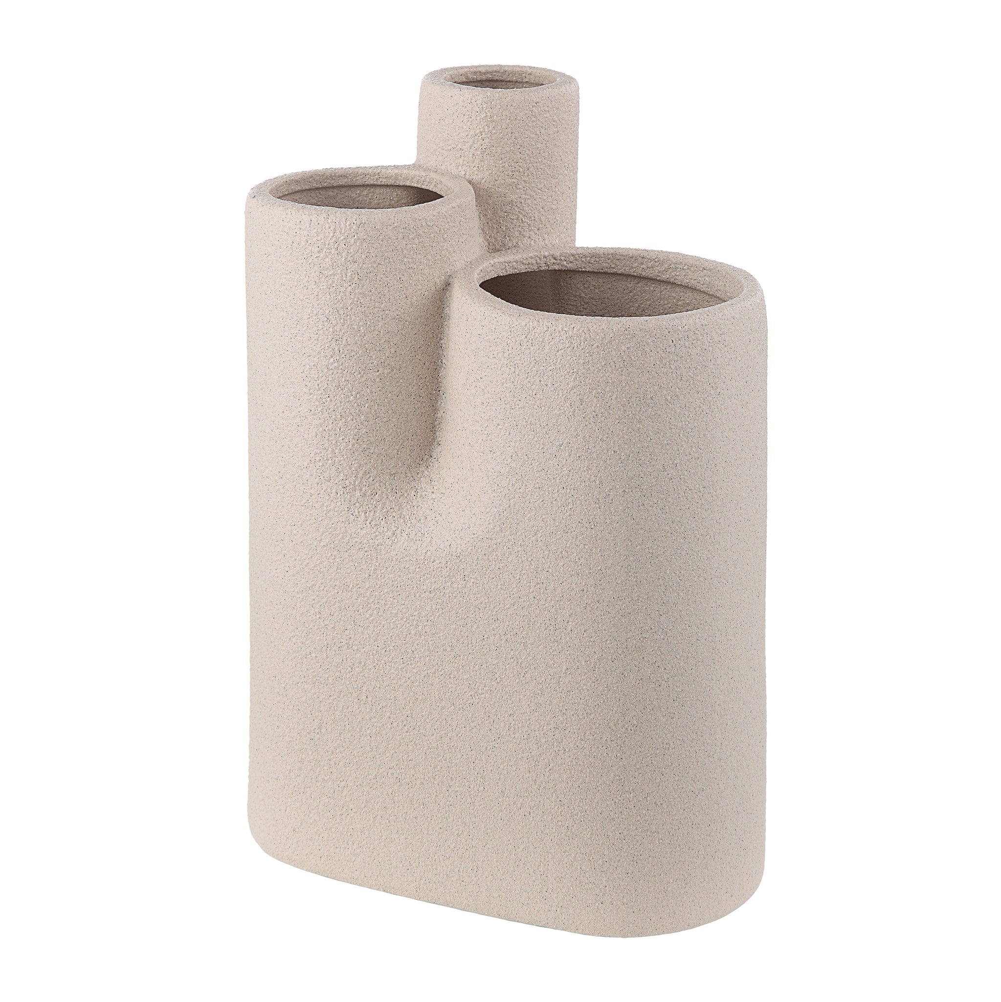 Fontaine Vase by Renwil, beige ceramic with three openings, angled view.