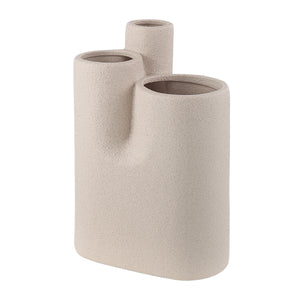Fontaine Vase by Renwil, beige ceramic with three openings, angled view.