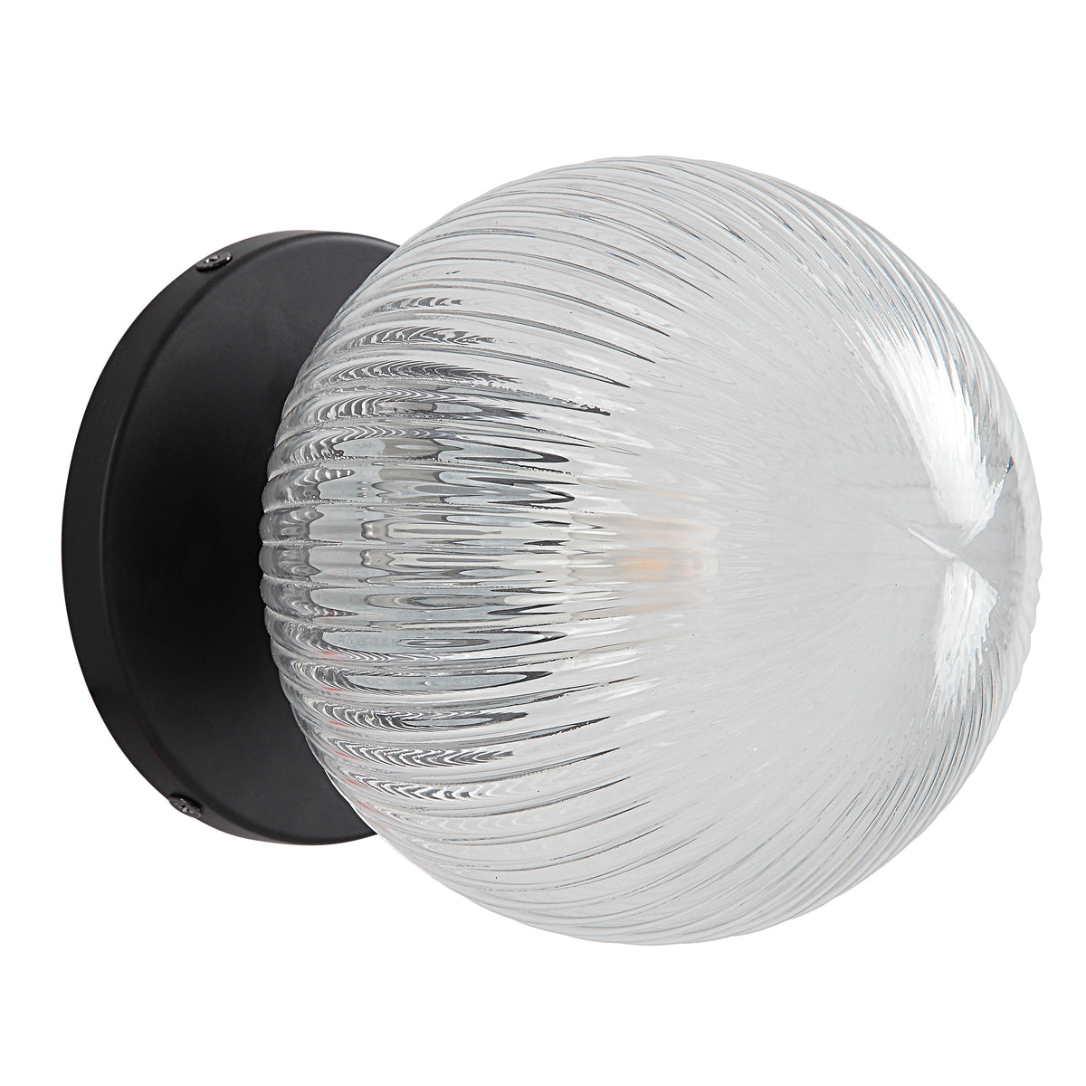 Brian Wall Sconce with clear ribbed glass globe and black metal base, side view.