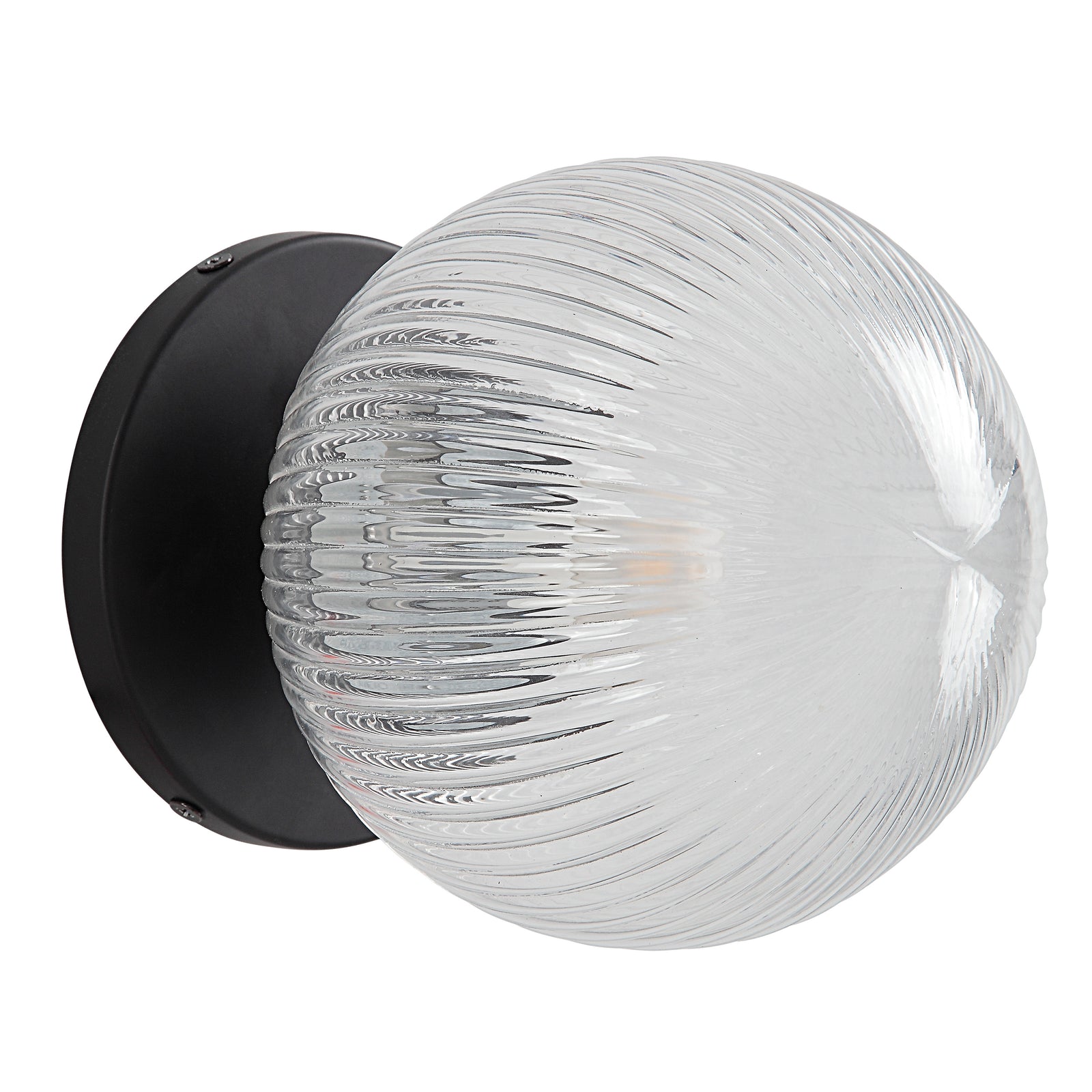 Brian Wall Sconce with clear ribbed glass globe and black metal base, side view.