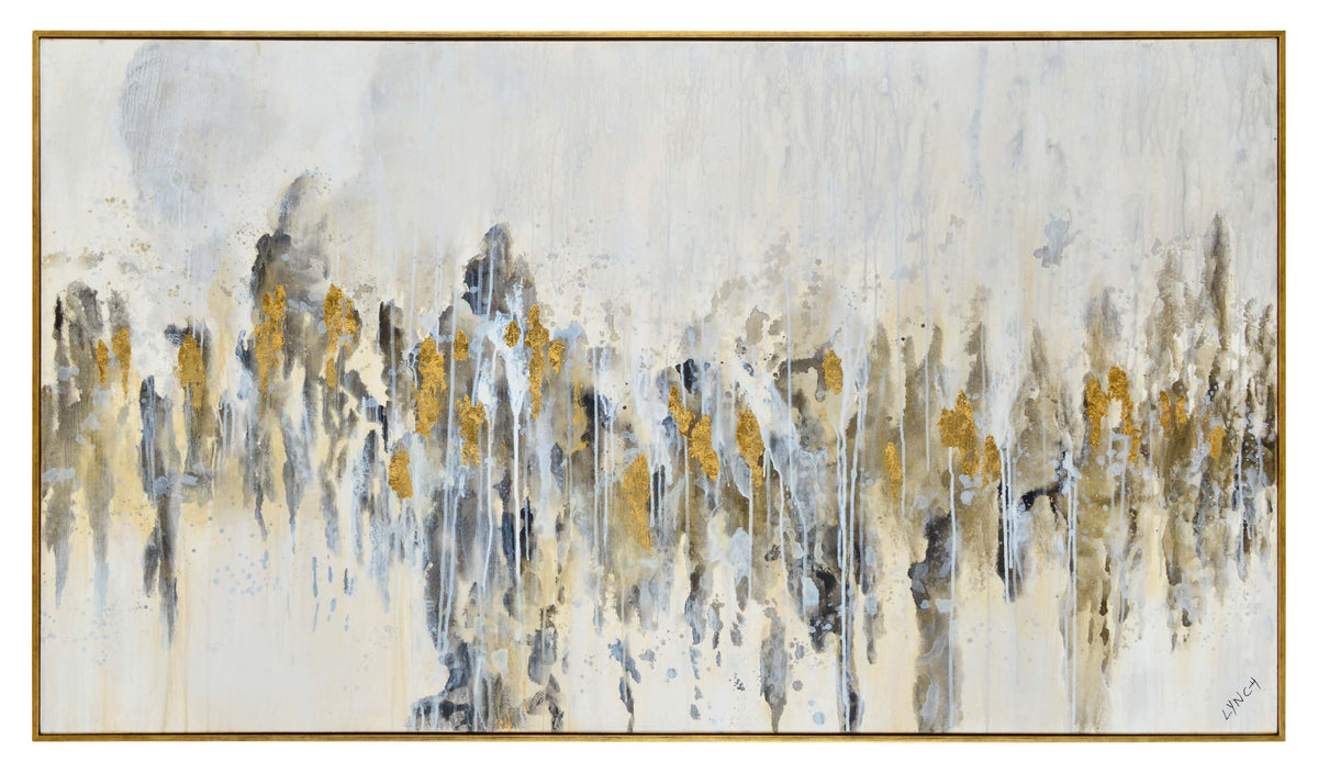 Kobi canvas art featuring abstract design with gold accents on a light gray background