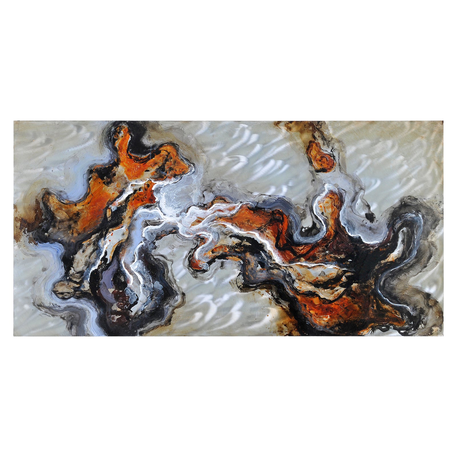 Blending Waters wall art featuring abstract swirls of orange, black, and white on a textured background.