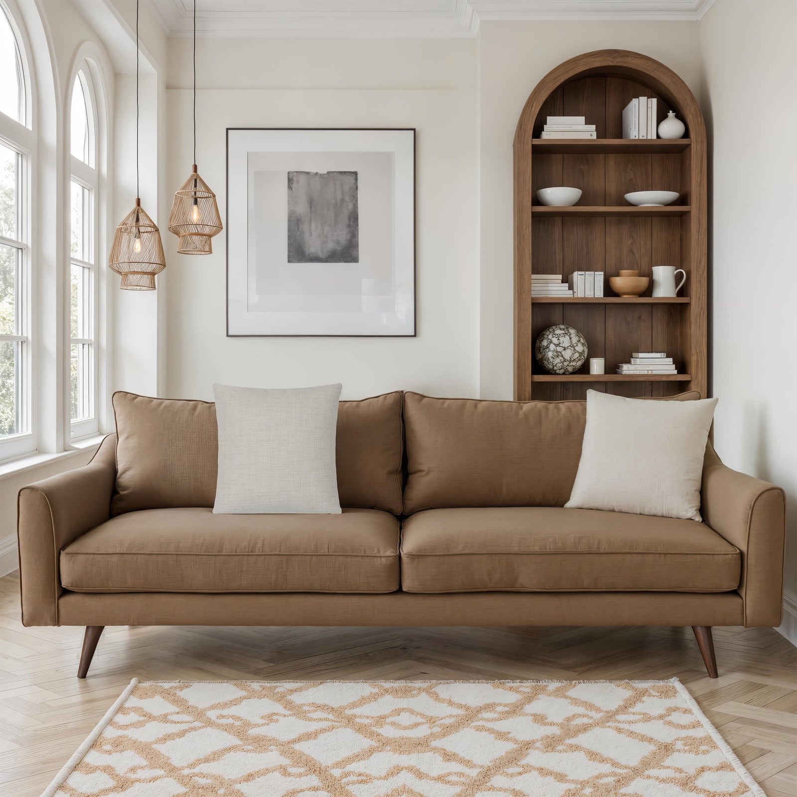 Pisces indoor pillow in light beige with textured fabric.