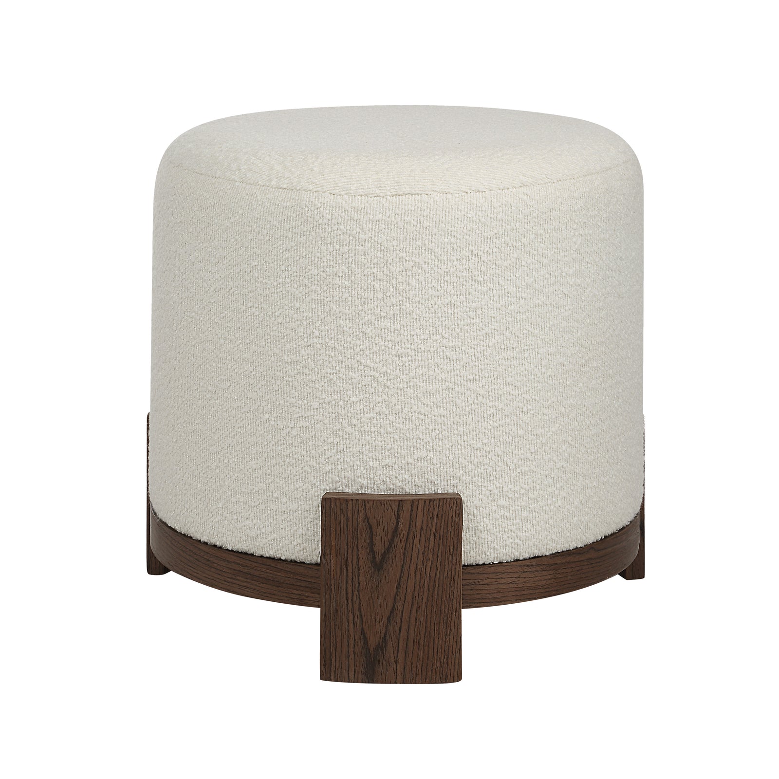 Chaves Ottoman by Renwil, round shape with cream textured fabric and dark wood base
