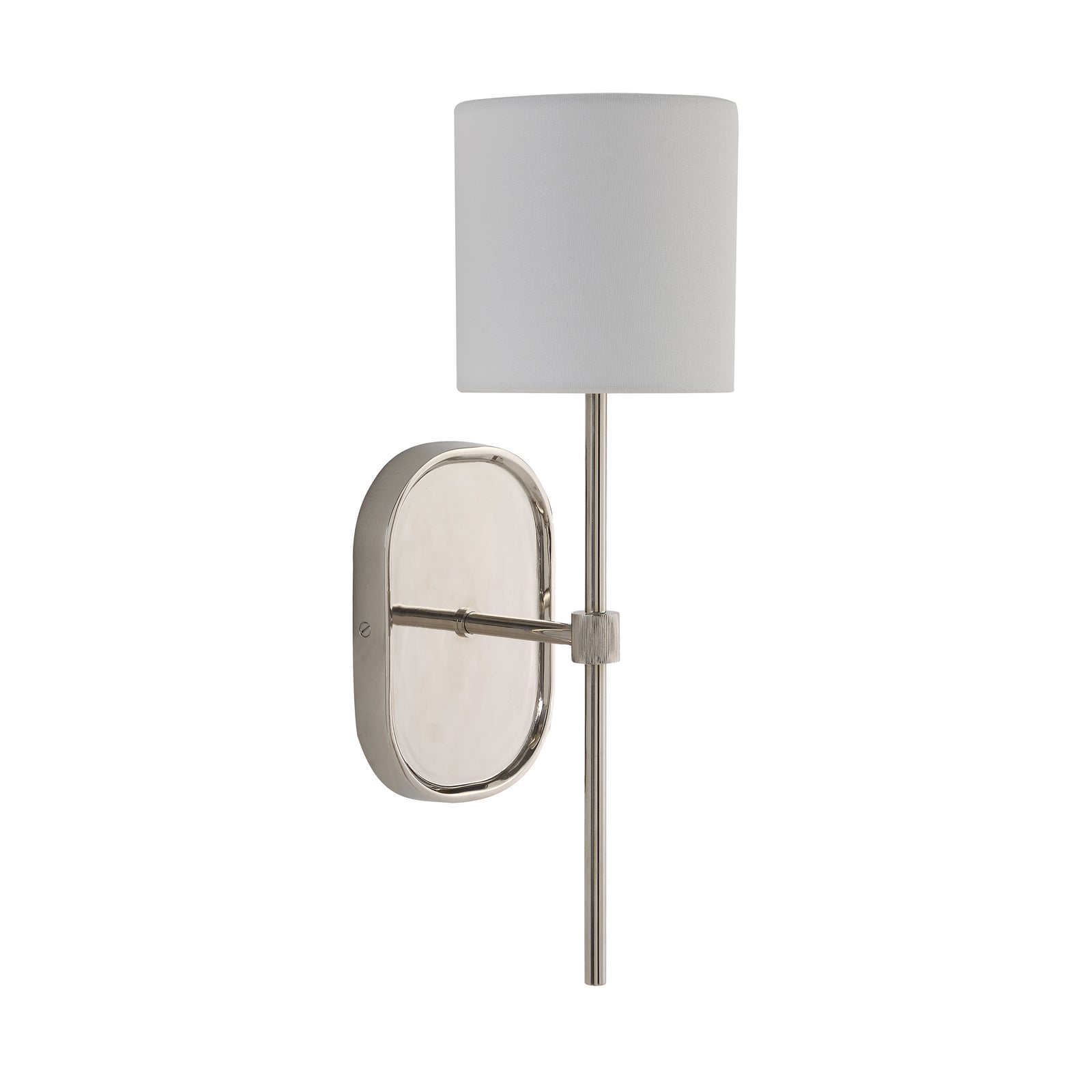 Whitney wall sconce with a white fabric shade and polished nickel finish