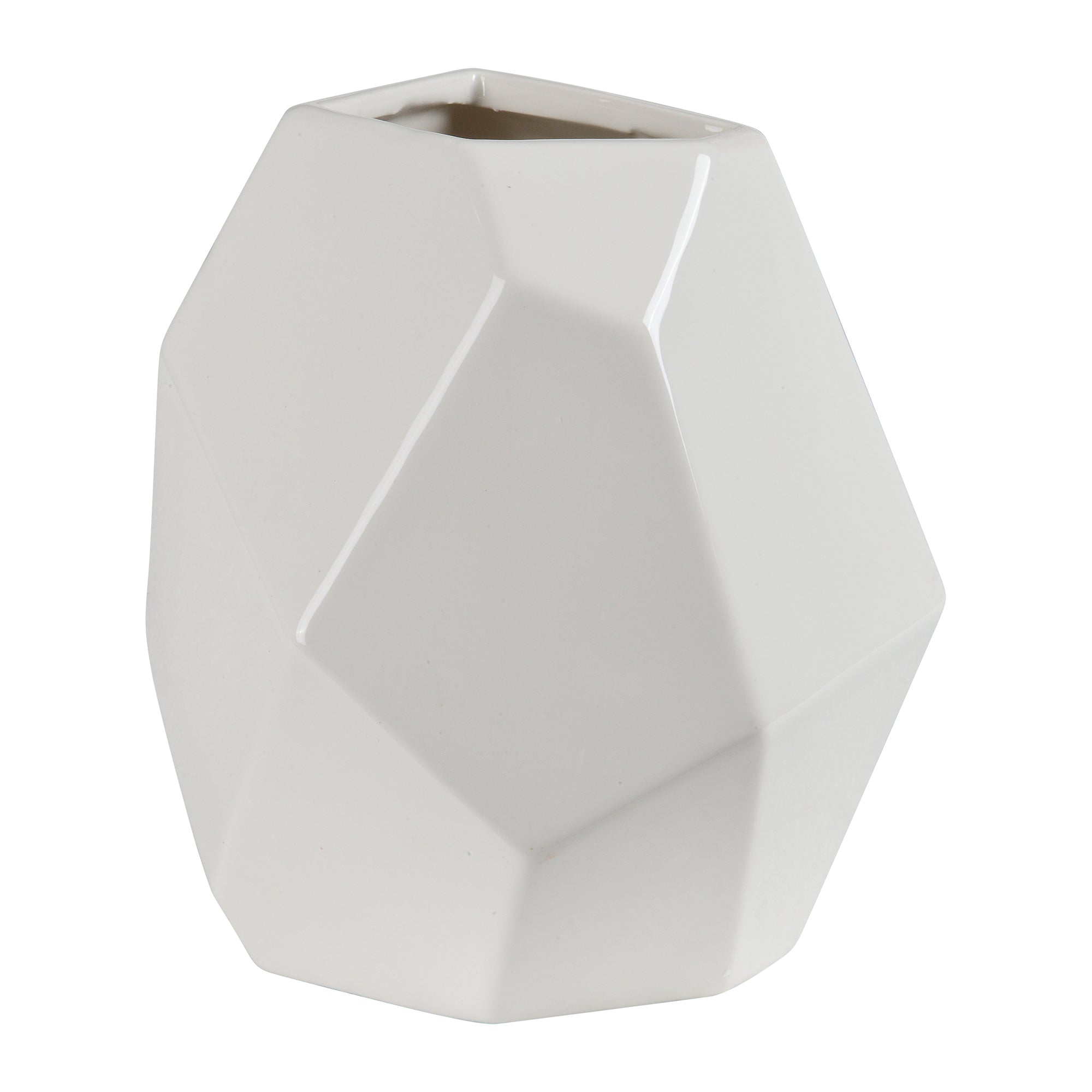 Martins Statue by Renwil, white ceramic vase featuring a rounded geometric shape and faceted surface.