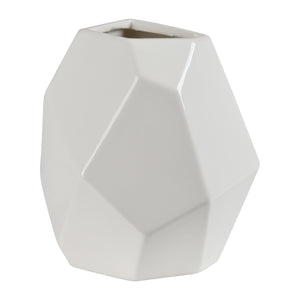 Martins Statue by Renwil, white ceramic vase featuring a rounded geometric shape and faceted surface.