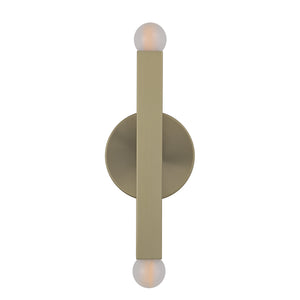 Kassie Wall Sconce in brushed brass finish with two globe lights and circular backplate
