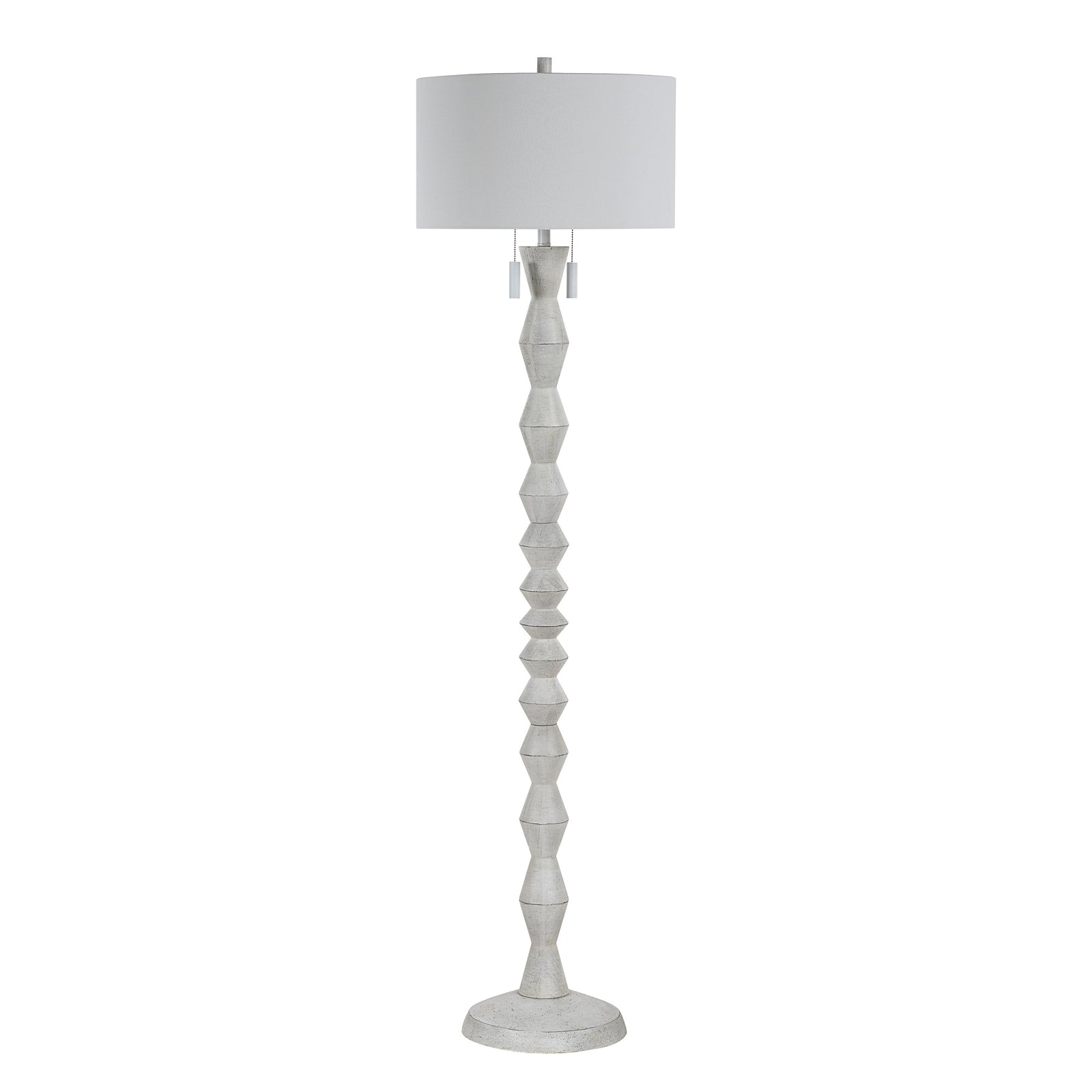 Sorriso floor lamp with a textured light gray base and white drum shade.