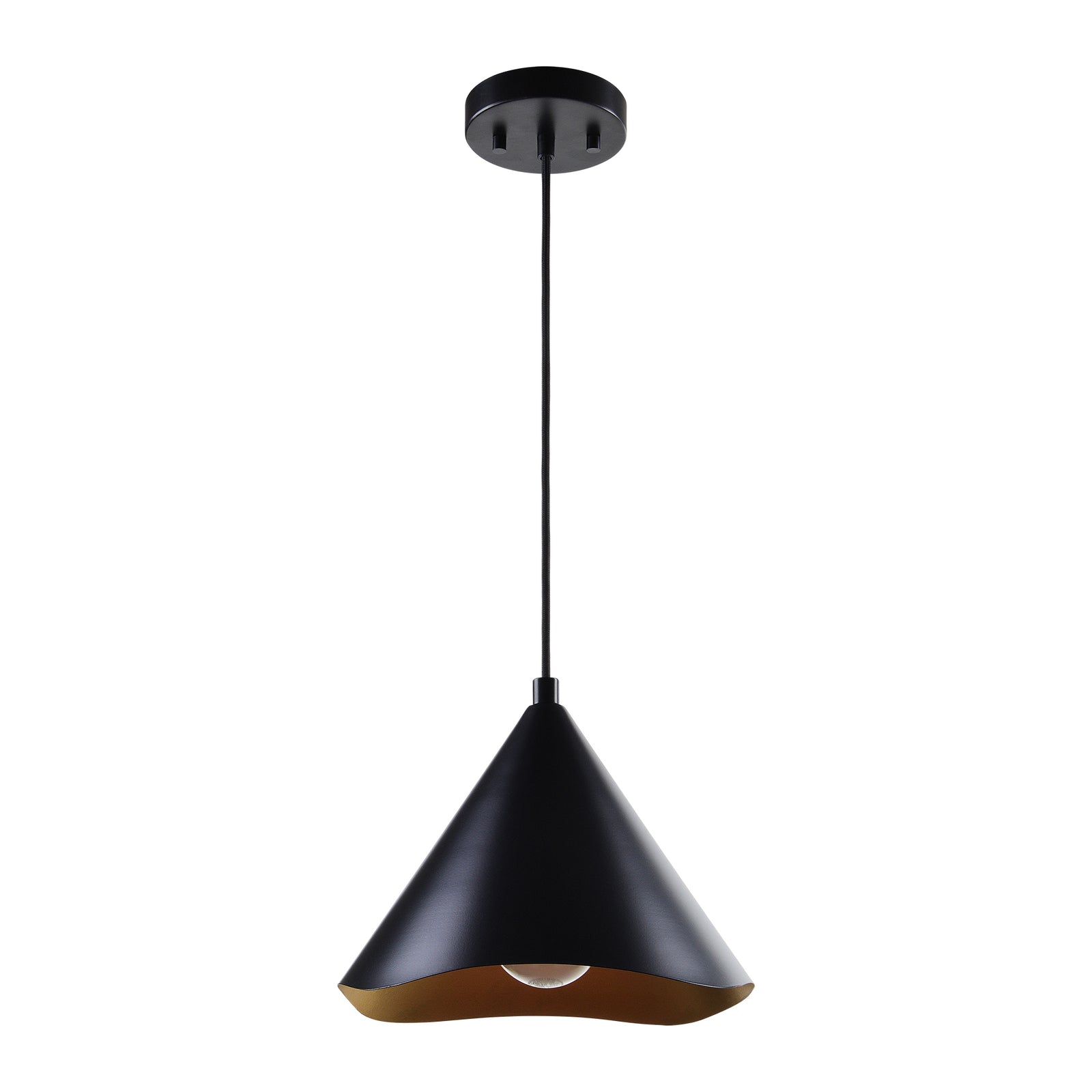 Cinder Ceiling Fixture in black with gold interior, conical shape, hanging from black cord.
