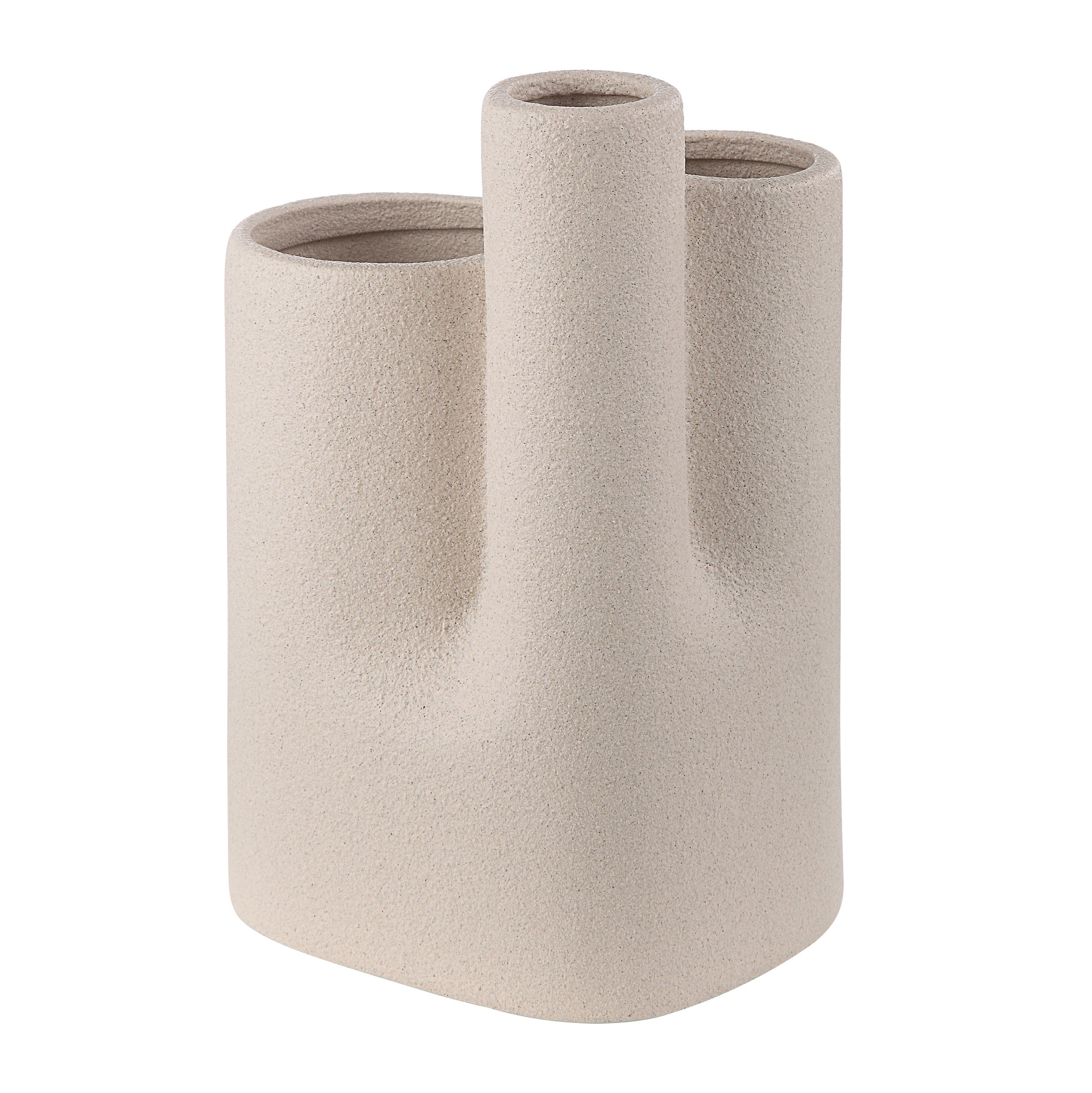 Fontaine Vase in a textured beige finish, featuring three openings and a modern, abstract design.