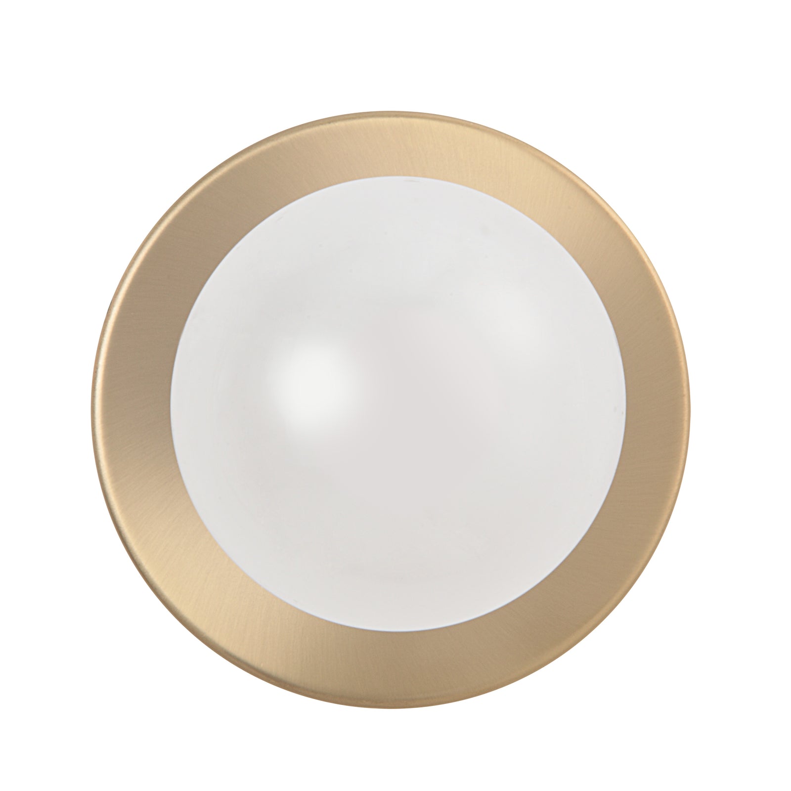 Dania Wall Sconce with a round white glass shade and brushed gold metal trim.
